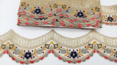 9 Yards Scallop Sequin Floral Border, Beige Shimmer Tissue Fabric Lace Trim Flowers Embroidery, Floral Sari Trimming